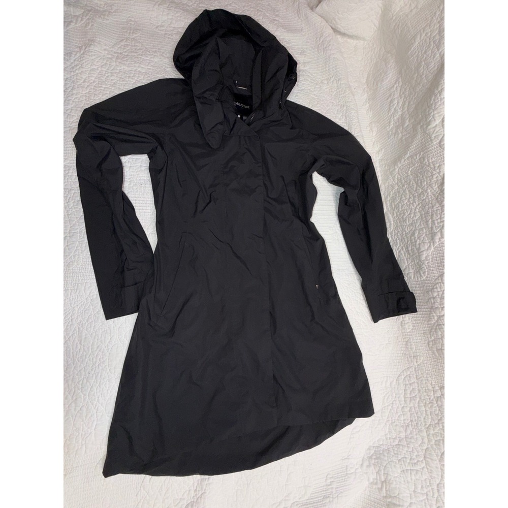 Marmot Womens Black Hooded Rain Trench Coat Longline Jacket Small